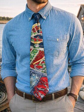 Tabasco Silk Tie Crab Seafood Market Novelty USA Made Multicolor Mens Necktie